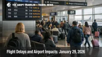 US Flight Delays January 29, 2026, shown by a LaGuardia departures board with wind delays and waiting travelers