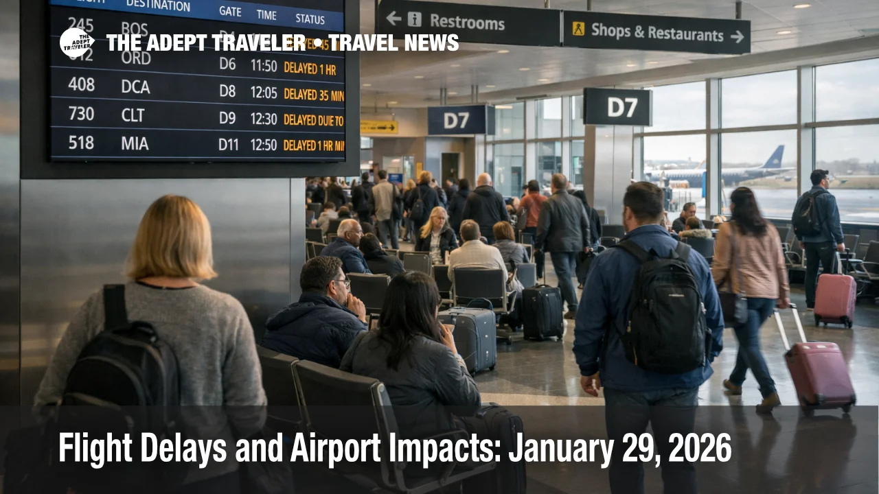US Flight Delays January 29, 2026, shown by a LaGuardia departures board with wind delays and waiting travelers