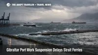 Gibraltar port work suspension, rough seas as a ferry holds offshore, signaling Strait crossing delays