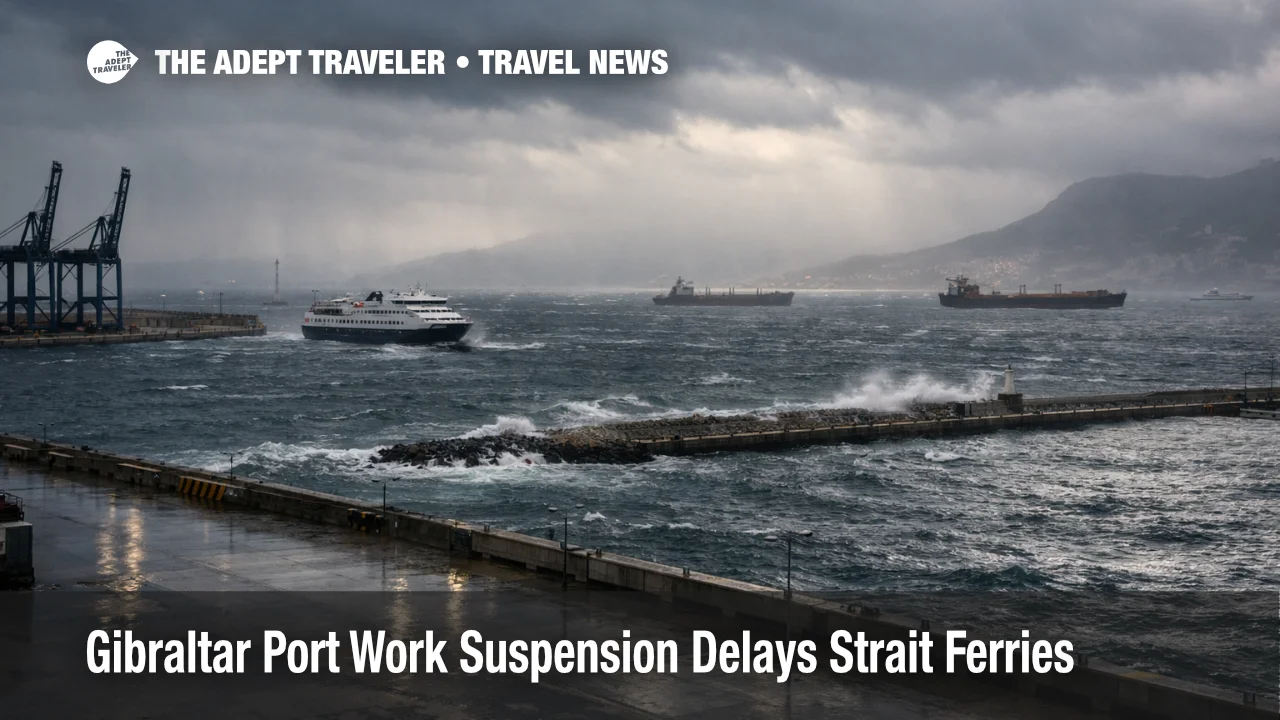 Gibraltar port work suspension, rough seas as a ferry holds offshore, signaling Strait crossing delays