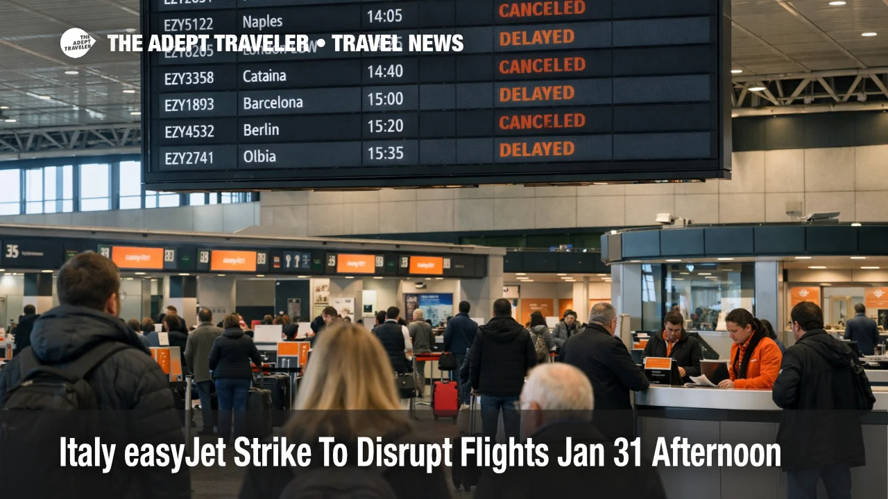 Italy easyJet strike shown on Milan Malpensa departures board as travelers face Jan 31 afternoon delays