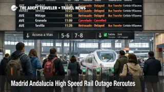 Madrid Andalucía high speed rail outage shown on Córdoba board, with bus transfers extending travel times