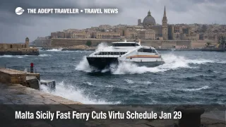 Malta Sicily fast ferry schedule changes shown by a catamaran in rough seas off Valletta on January 29, 2026