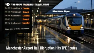 Manchester Airport rail disruption shown on a platform board with delayed TransPennine Express departures