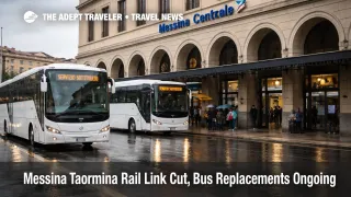 Messina Taormina rail suspension, replacement buses staged outside Messina Centrale station after storm damage