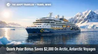 Quark Polar Bonus polar voyages, expedition ship in Antarctic waters, highlighting limited time savings through February 28, 2026