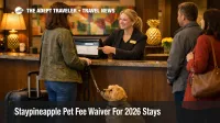 Staypineapple pet fee waiver visual, guest checks in with a dog at a Seattle boutique hotel lobby