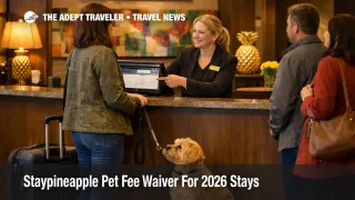 Staypineapple pet fee waiver visual, guest checks in with a dog at a Seattle boutique hotel lobby