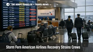  American Airlines Storm Fern recovery delays shown on DFW departures board as travelers and crew wait to rebook