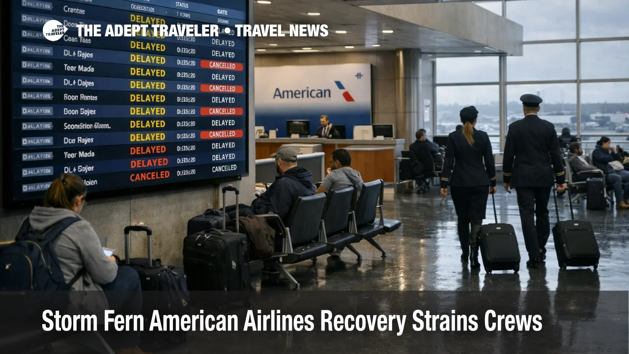 American Airlines Storm Fern recovery delays shown on DFW departures board as travelers and crew wait to rebook