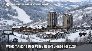 Waldorf Astoria Deer Valley resort site view over East Village and the Green Monster run, highlighting ski in, ski out access