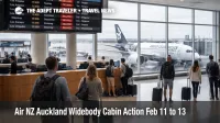 Air NZ cabin crew action warning on departures board at Auckland International Airport as widebody flights face disruption