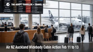 Air NZ cabin crew action warning on departures board at Auckland International Airport as widebody flights face disruption