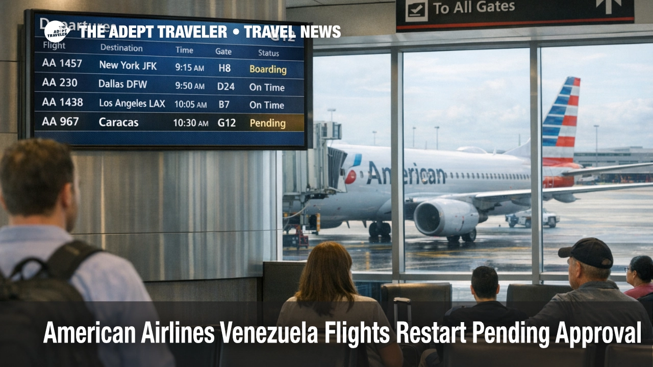 American Airlines Venezuela flights restart planning at Miami airport as travelers check a Caracas departure board