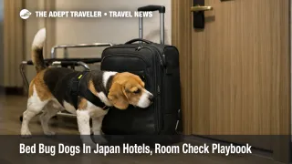 Japan hotel bed bug dogs sniff a suitcase in a Tokyo hotel corridor, signaling room check risk management