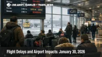 U.S. flight delays January 30, 2026 show on ORD departures board as snow and winds disrupt connections