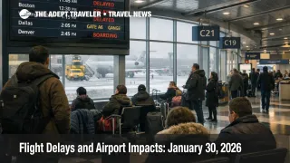 U.S. flight delays January 30, 2026 show on ORD departures board as snow and winds disrupt connections