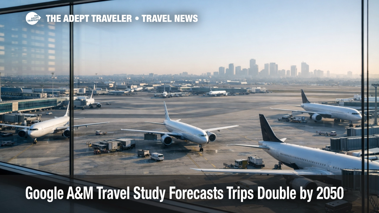Google A&M travel study visual, busy international airport ramp signals tighter peak season capacity through 2050
