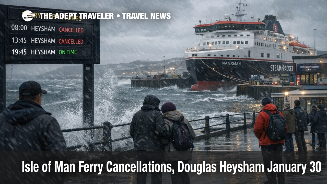Isle of Man ferry cancellations show Manxman at Douglas Harbour in rough seas, with Heysham sailings canceled