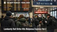 Lombardy rail strike Malpensa Express disruption, travelers wait under a Milan Cadorna departures board with cancellations