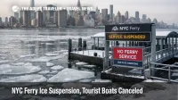 NYC Ferry ice suspension shown by ice floes at a closed East River landing, signaling reroutes and canceled boat plans
