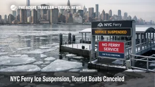 NYC Ferry ice suspension shown by ice floes at a closed East River landing, signaling reroutes and canceled boat plans