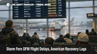 Storm Fern DFW flight delays shown by a departures board with multiple American flights delayed as travelers wait