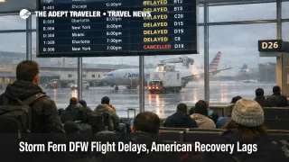 Storm Fern DFW flight delays shown by a departures board with multiple American flights delayed as travelers wait