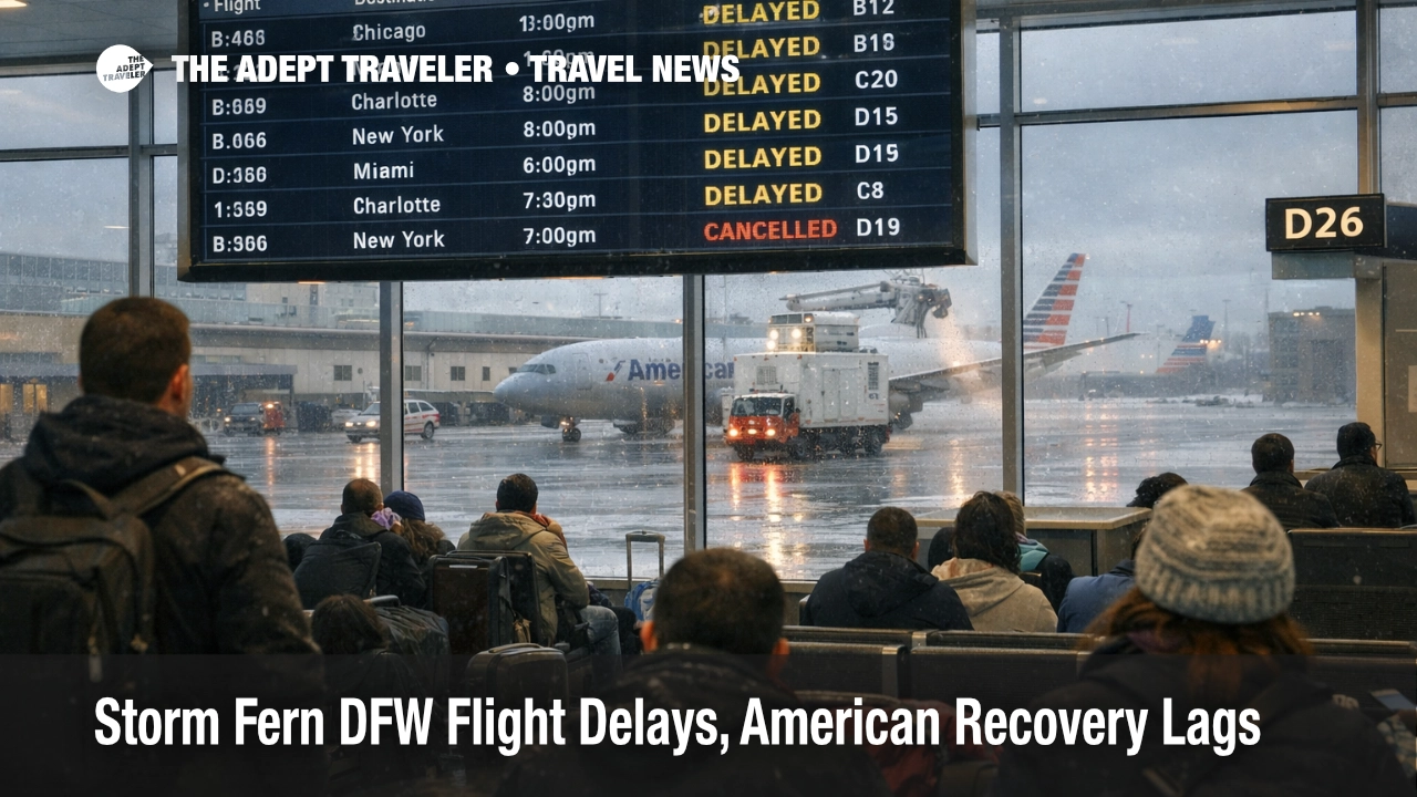 Storm Fern DFW flight delays shown by a departures board with multiple American flights delayed as travelers wait