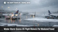 Winter Storm Gianna flight waivers, ATL ramp under snow with de icing trucks and delayed departures on the tarmac