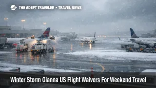 Winter Storm Gianna flight waivers, ATL ramp under snow with de icing trucks and delayed departures on the tarmac
