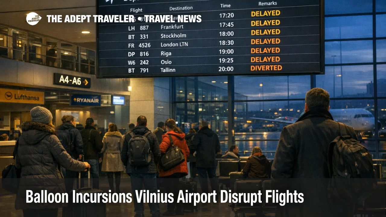 Balloon incursions Vilnius Airport delays shown by a departures board and waiting passengers inside the terminal