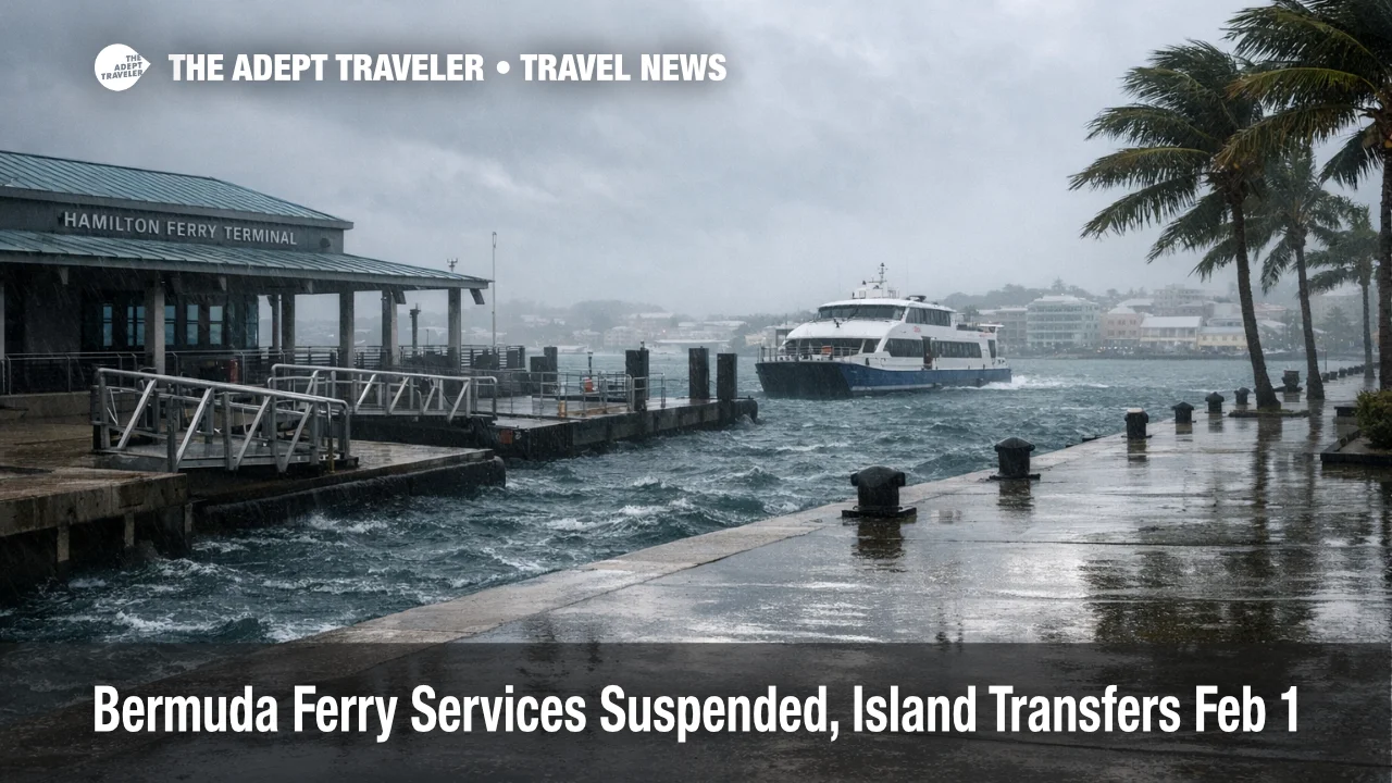 Hamilton harbor ferry dock in high winds, Bermuda ferry services suspended, visitors reroute by taxi and bus