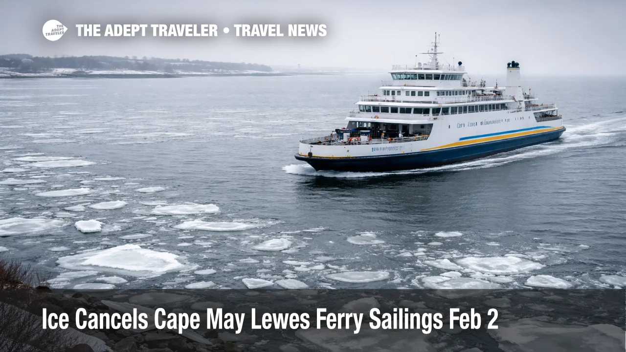 Cape May Lewes Ferry ice cancellations shown by a ferry moving through Delaware Bay ice near the terminals