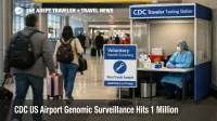 CDC airport genomic surveillance station seen in JFK arrivals hall as travelers choose optional nasal swab screening