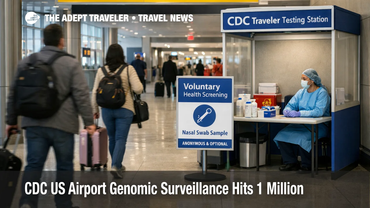 CDC airport genomic surveillance station seen in JFK arrivals hall as travelers choose optional nasal swab screening