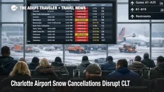  Charlotte airport snow cancellations shown on CLT departures board as snowplows clear the ramp after the storm