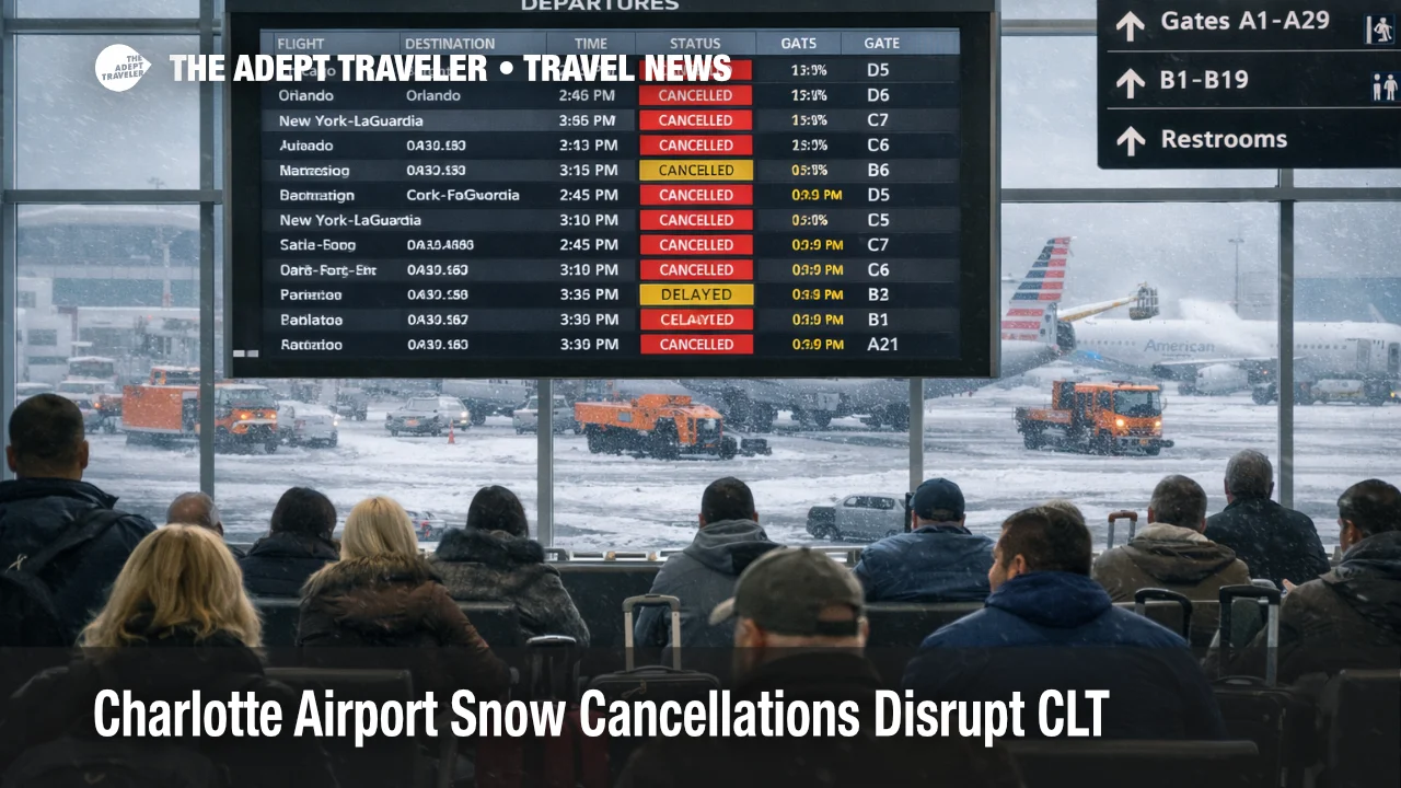 Charlotte airport snow cancellations shown on CLT departures board as snowplows clear the ramp after the storm