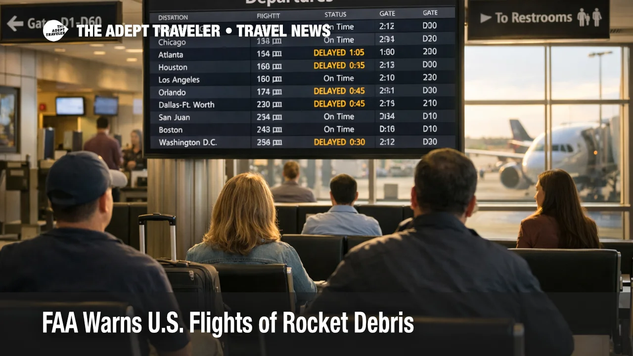 Travelers watch Miami airport board as FAA SAFO 26001 U.S. flights plan for rocket debris reroutes
