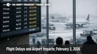 US flight delays February 2 2026 shown on a terminal departures board as snow slows a busy hub ramp