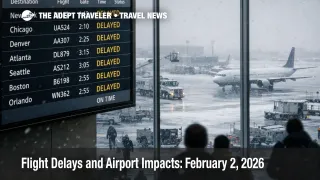 US flight delays February 2 2026 shown on a terminal departures board as snow slows a busy hub ramp