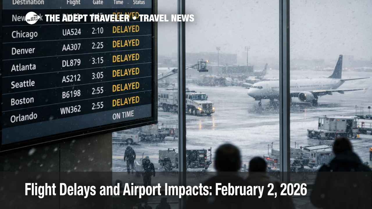 US flight delays February 2 2026 shown on a terminal departures board as snow slows a busy hub ramp