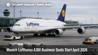 Lufthansa A380 business retrofit at Munich Airport, A380 at gate as travelers face seat map and aircraft swap risk