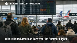  O'Hare United American fare war scene, travelers watch departures board as more summer flights crowd ORD gates