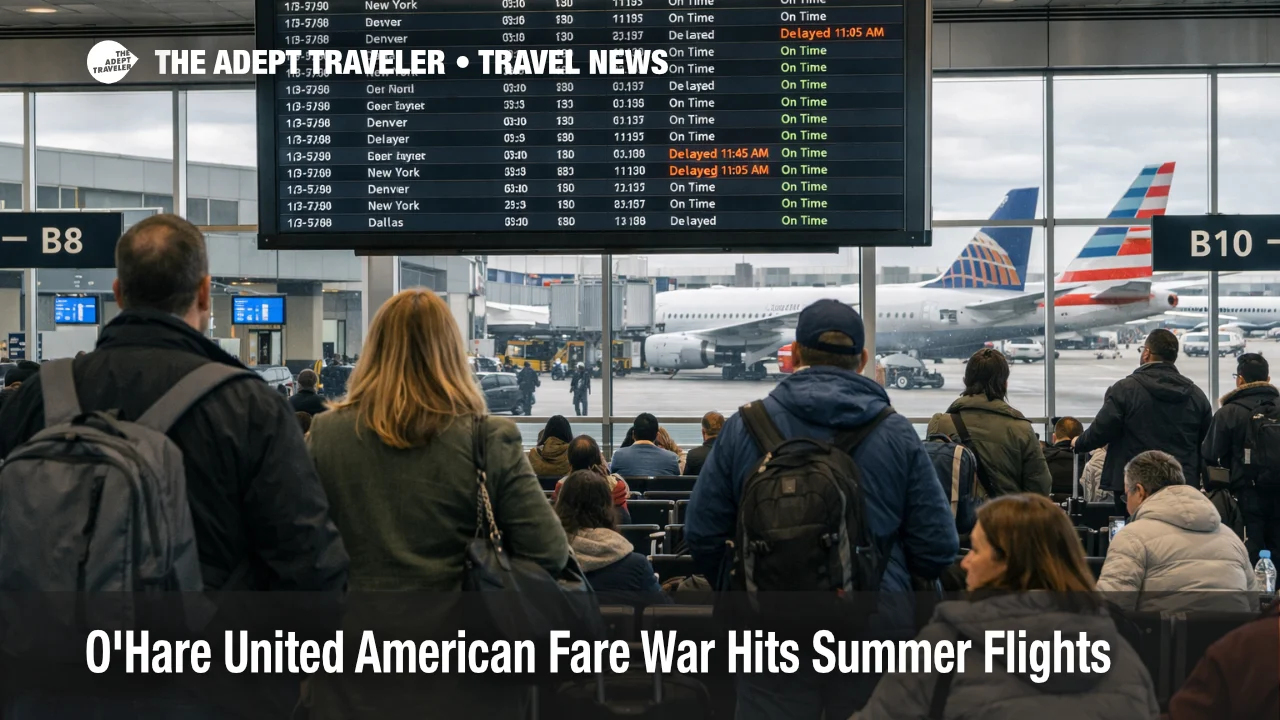 O'Hare United American fare war scene, travelers watch departures board as more summer flights crowd ORD gates
