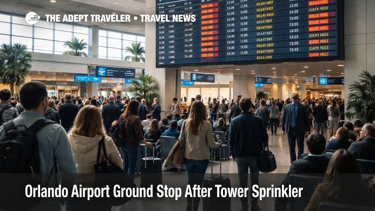 Orlando airport ground stop leaves passengers watching delay boards inside MCO terminal after tower sprinkler alarm