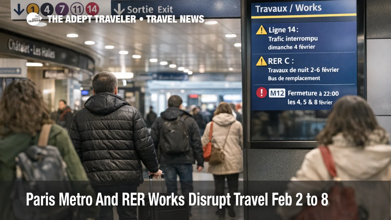 Paris Metro RER works show on station boards at Chatelet as travelers reroute and add airport buffers