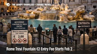 Rome Trevi Fountain entry fee queues form at the basin steps as €2 tickets control close up daytime access