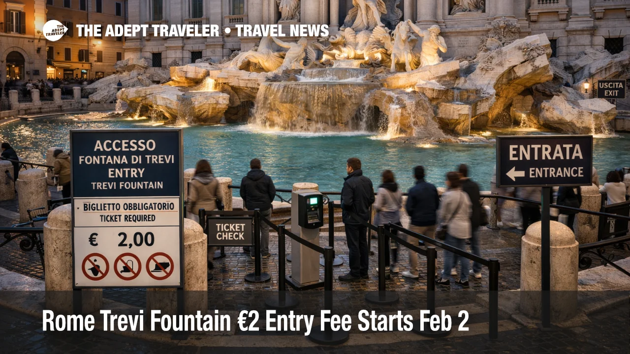 Rome Trevi Fountain entry fee queues form at the basin steps as €2 tickets control close up daytime access