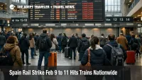 Spain rail strike Feb 9 shows cancellations on Atocha departures board as travelers wait with luggage